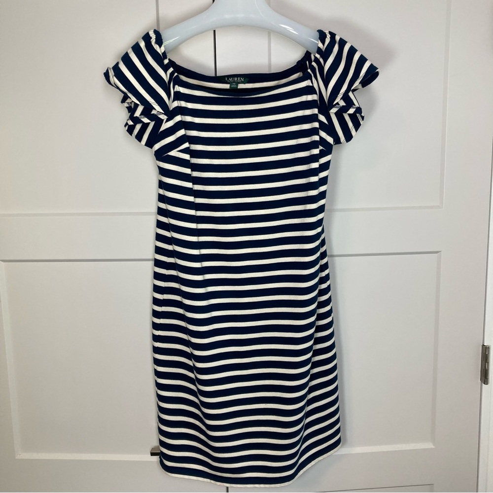Ralph Lauren Rugby Stripe Knit Column Dress Ruffle Sleeve Petite Navy Cream NWOT